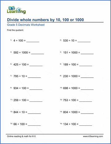 Decimals Worksheet: Dividing Whole Numbers By 10, 100 Or 1,000 | K5 Learning