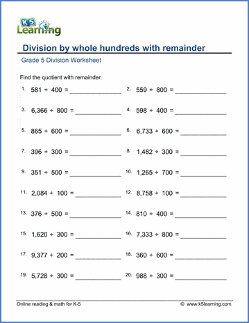 Grade 5 Division Worksheet division by whole hundreds with remainder