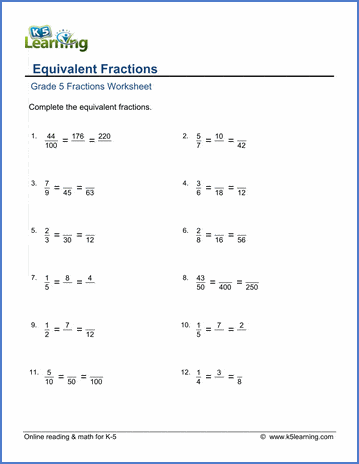 Grade 5 Fractions Worksheet three equivalent fractions