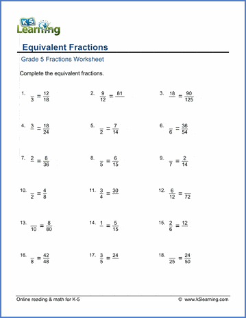 Grade 5 Fractions Worksheet equivalent fractions