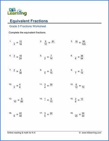 Grade 5 Fractions Worksheets Equivalent Fractions K5 Learning