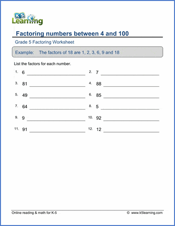 Grade 5 Factoring Worksheet factoring numbers between 4 and 100