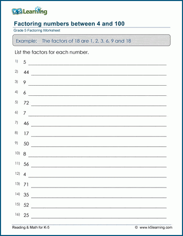 Grade 5 Factoring Worksheet: Factor numbers between 4 and 100 | K5 Learning