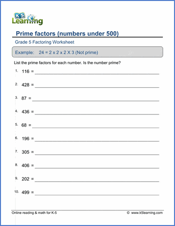 Sample Grade 5 Factoring Worksheet