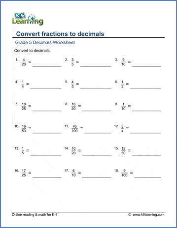 Sample Grade 5 Fractions to / from Decimals Worksheet