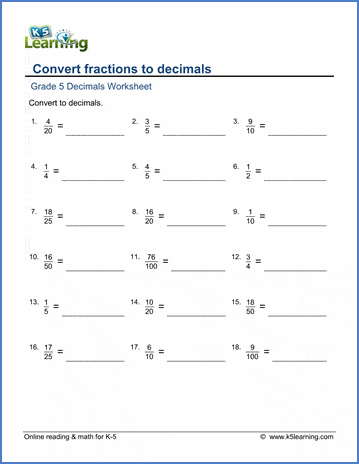 Fractions to Decimals Worksheets | K5 Learning