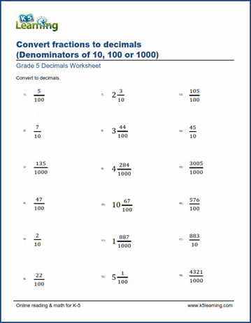 Grade 5 Fractions Worksheet convert fractions and mixed numbers to decimals