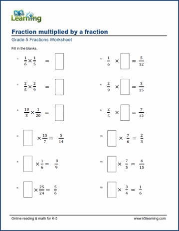 Grade 5 Fractions Worksheet multiply fractions by whole numbers with missing factors