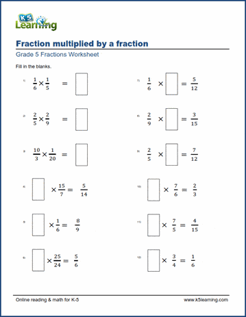 Grade 5 Math Worksheets: Multiplying fractions (missing factors) | K5  Learning
