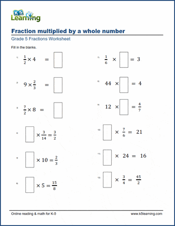 Worksheets: Multiplying fractions by whole numbers (missing factors