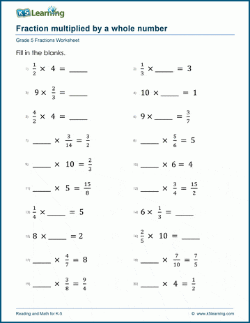 Worksheets: Multiplying fractions by whole numbers (missing factors) | K5  Learning