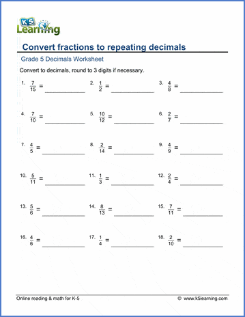 Grade 5 Fractions Worksheet convert mixed numbers to decimals