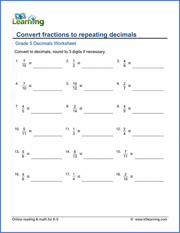 Grade 5 Worksheets: Fractions to decimals with repeating decimals | K5