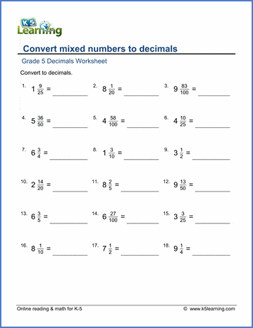 Grade 5 Fractions Worksheet convert mixed numbers to decimals