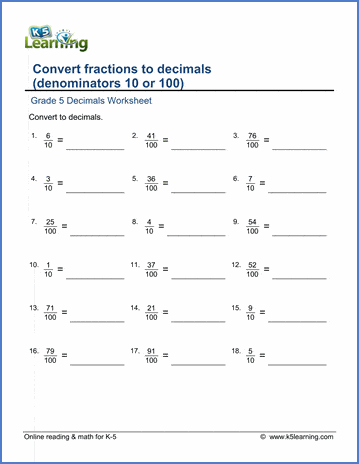Grade 5 Math Worksheets: Convert fractions to decimals | K5 Learning