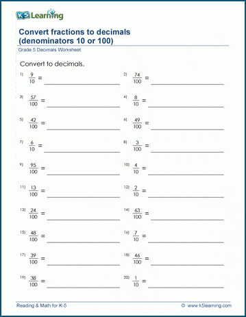 Grade 5 Math Worksheets: Convert fractions to decimals | K5 Learning