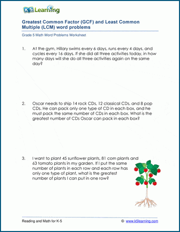 Grade 5 GCF and LCM word problem worksheets