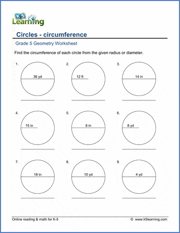 Grade 5 Geometry Worksheet circumference of circles