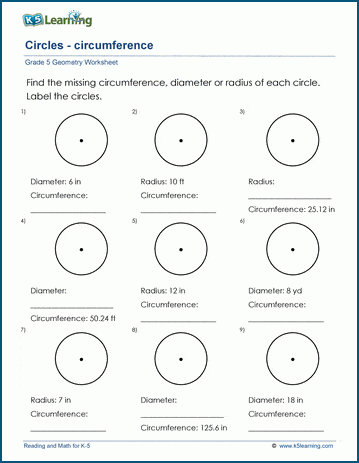 Grade 5 Geometry Worksheets: Circumference of circles | K5 Learning