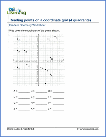 Grade 5 Geometry Worksheet reading points on a coordinate grid