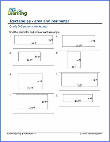 Grade 5 Geometry Worksheet area/perimeter problems for rectangles