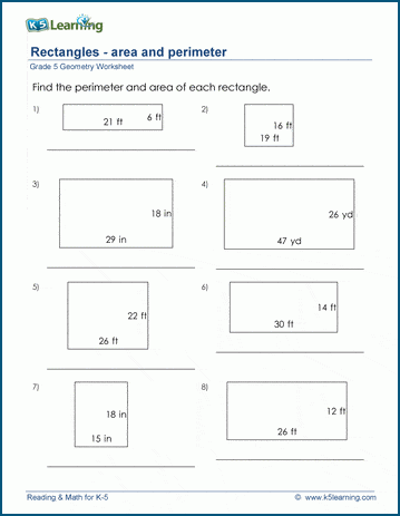 Area & perimeter of rectangles - Grade 5 geometry worksheets | K5 Learning
