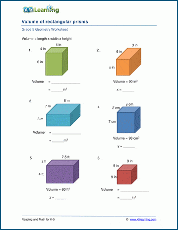 Grade 5 Geometry Worksheet - Volume of rectangular prisms