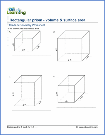 Grade 5 Geometry Worksheet volume & surface area of rectangular prisms