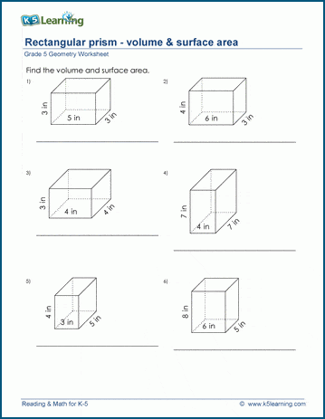 Grade 5 Math Worksheets: Volume & surface area of rectangular prisms | K5  Learning