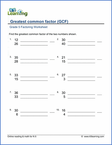 Grade 5 math worksheet - Factoring: greatest common factor of two ...