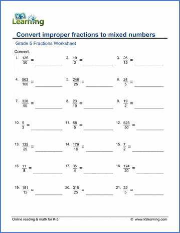 Grade 5 Fractions Worksheet converting improper fractions to mixed fractions