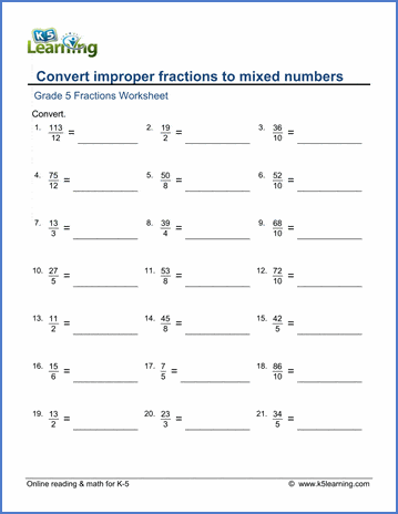 Grade 5 Fractions Worksheet converting improper fractions to mixed fractions