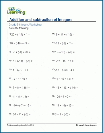 Addition and subtraction of integers worksheets | K5 Learning