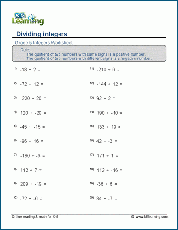 Division of integers worksheets | K5 Learning