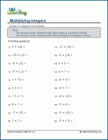 Multiplication of integers worksheet