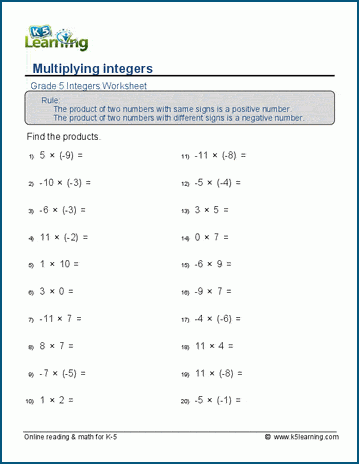 Multiplication of integers worksheets | K5 Learning