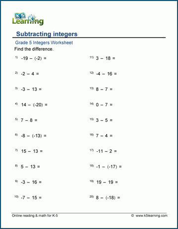 Subtraction of integers worksheet