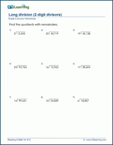 Grade 5 Long Division Worksheets: 2 digit divisors (10-25) | K5 Learning