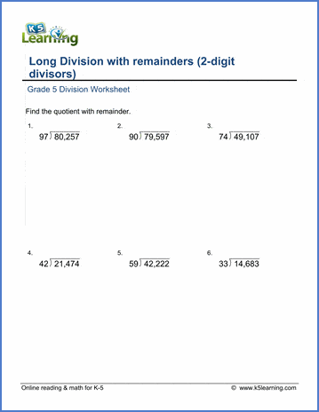 grade 5 long division worksheets 2 digit divisors k5 learning