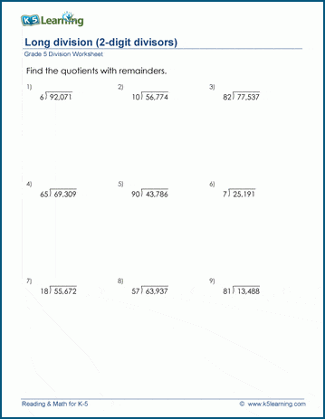 Grade 5 Long Division Worksheets: 2 digit divisors | K5 Learning