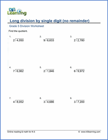 Grade 5 Division Worksheet divide 4-digit by 1-digit numbers