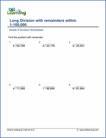 Grade 5 Division Worksheet divide 5-digit by 1-digit numbers