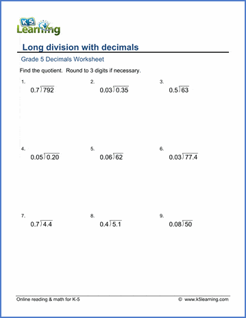 Grade 5 Decimals Worksheet long division with decimals