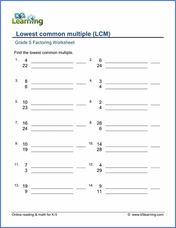 Grade 5 Factoring Worksheet lowest common multiple