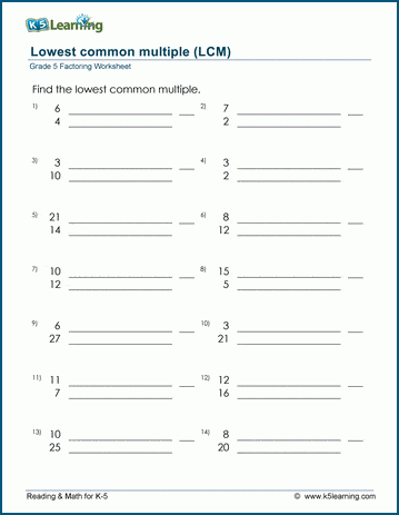 Grade 5 Factoring Worksheets: Lowest Common Multiple (LCM) | K5 Learning