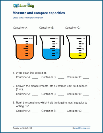 Measure and compare capacities worksheet