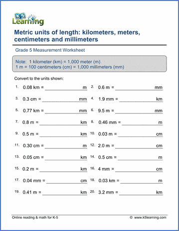 Grade 5 Measurement Worksheet converting between units of length with decimals