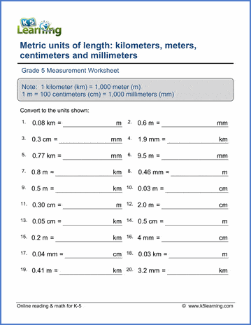 grade 5 math worksheets convert metric lengths with decimals k5 learning