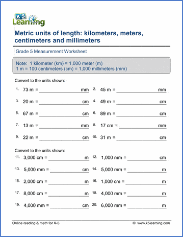Grade 5 Measurement Worksheet converting between units of length