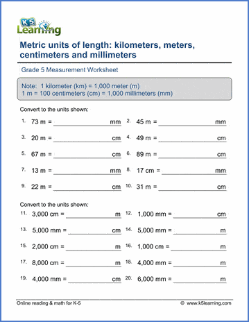 Grade 5 Math Worksheets: Convert metric lengths (mm, cm, m, km) | K5  Learning